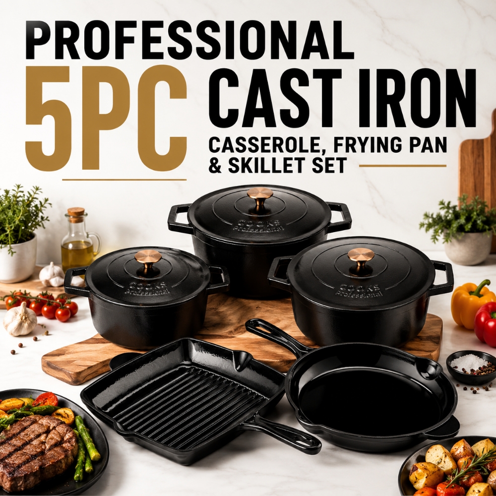 Professional 5pc Cast Iron Casserole, Frying Pan & Skillet Set