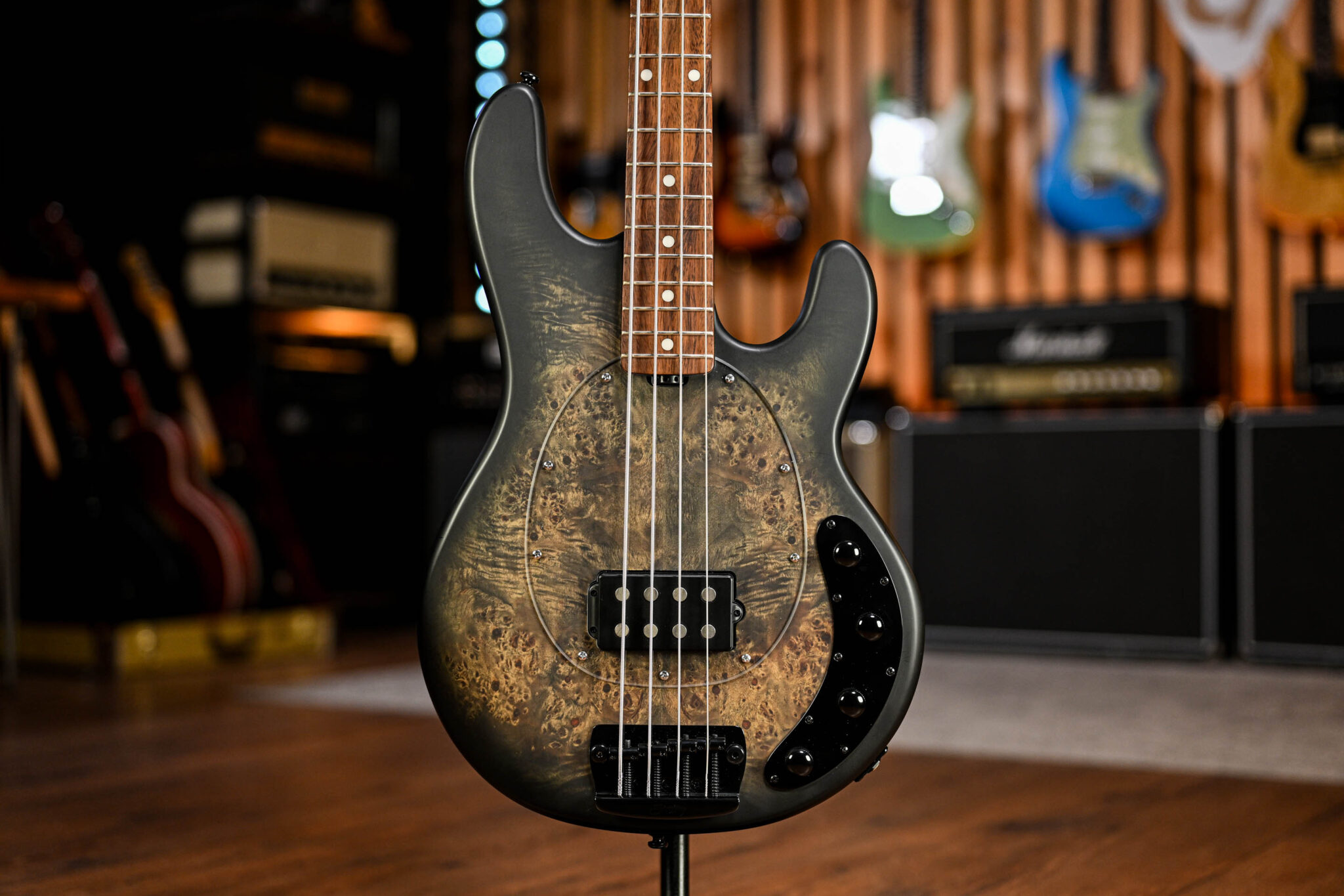 Music Man Sterling Stingray Ray34 Poplar Burl in Trans Black Satin