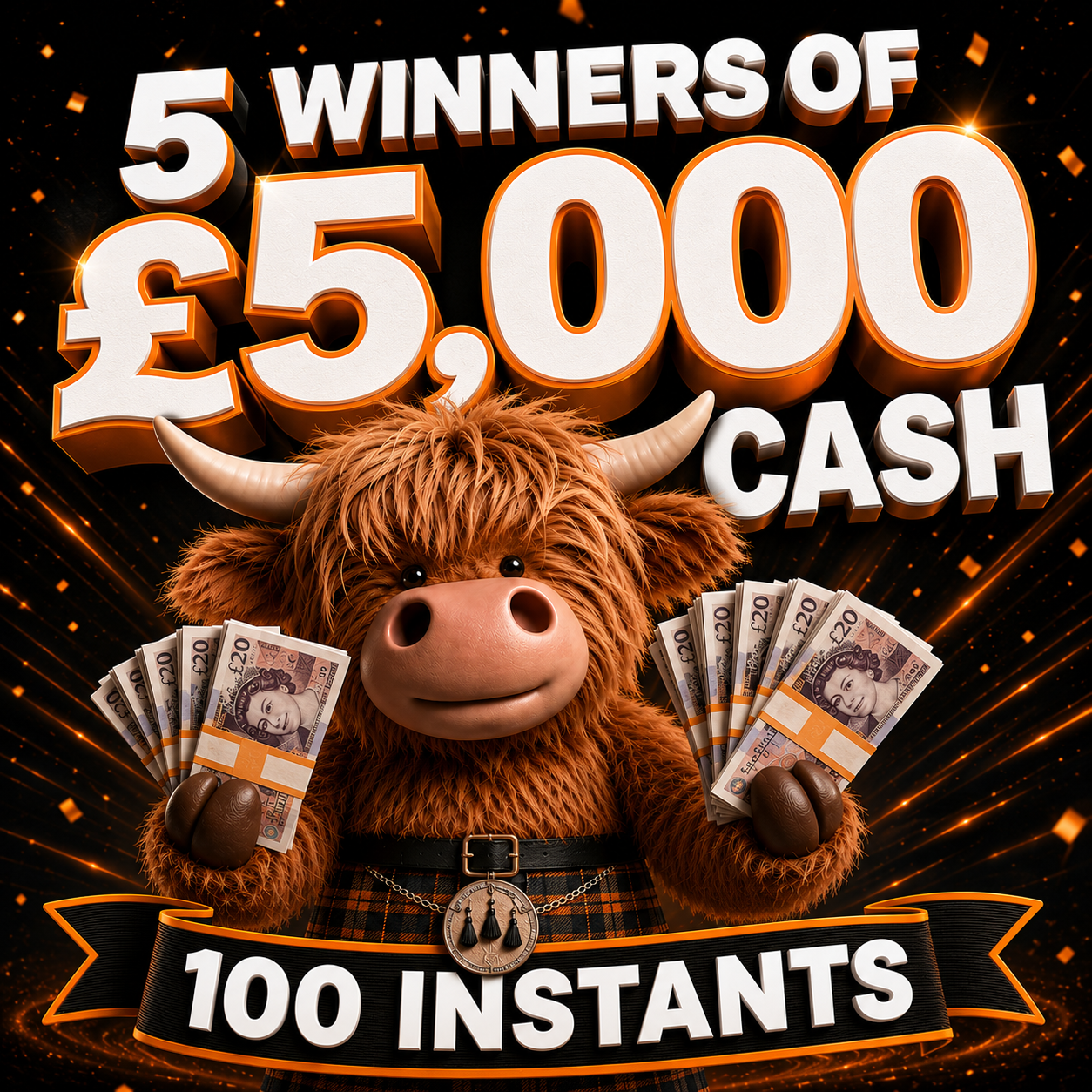 5 Winners of £5,000 Cash + 100 instant wins up for grabs!