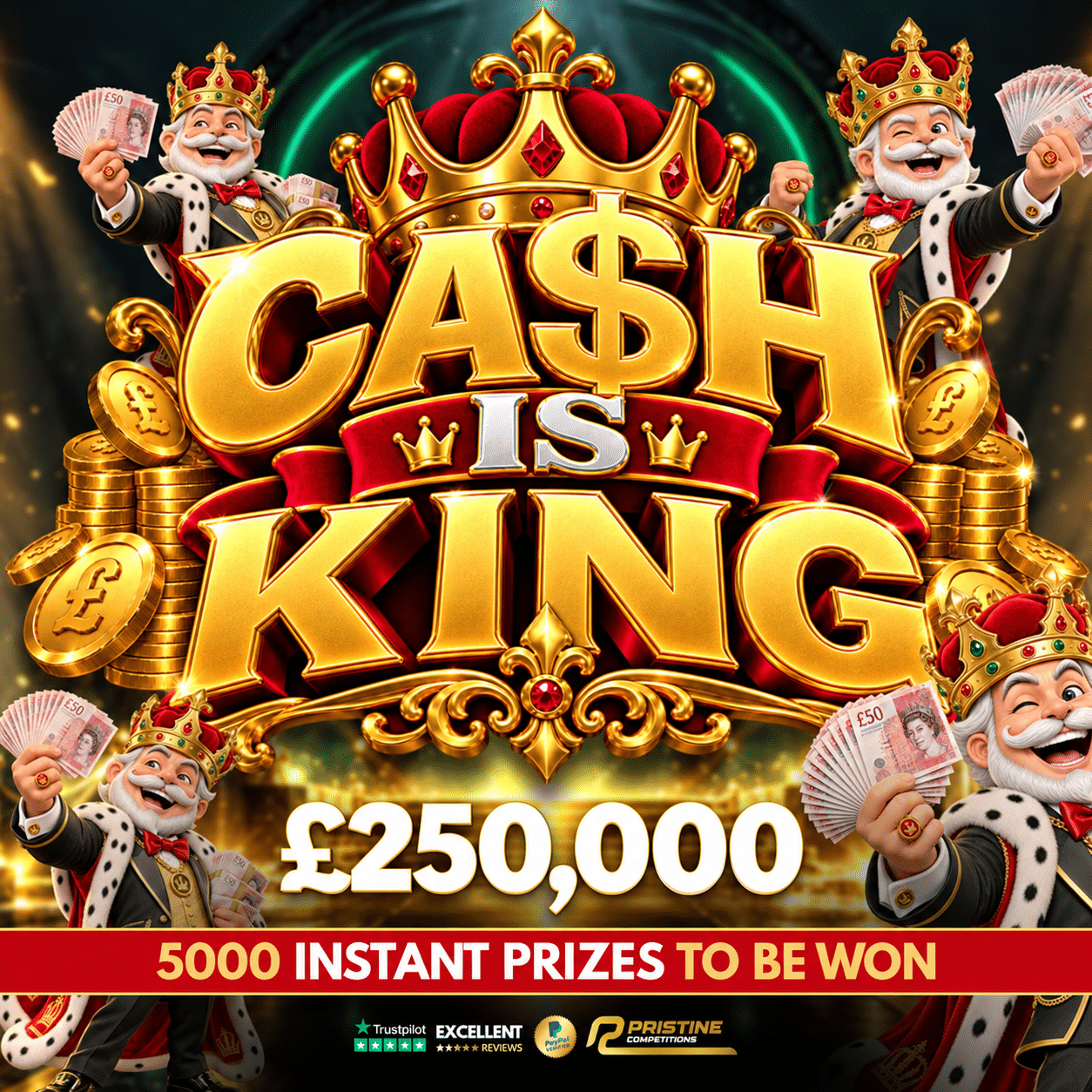 Cash Is King Instant Wins – £250,000 Prize Fund – 5,000 Prizes – ALL CASH