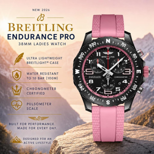 NEW BREITLING ENDURANCE PRO 38MM PINK RUBBER STRAP LADIES WATCH
