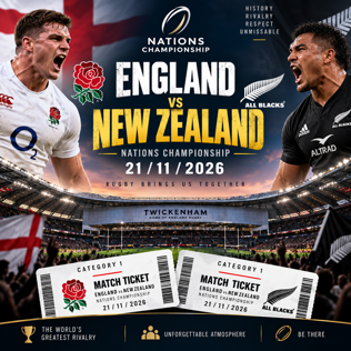 2 X CAT 1 ENGLAND VS NEW ZEALAND NATIONS CHAMPIONSHIP RUGBY 21/11/2026