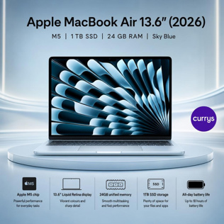 APPLE MacBook Air 13.6" (2026) - M5, 1 TB SSD, RAM 24 GB, Sky Blue OR £1,000 #1 #4