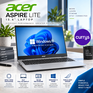 ACER ASPIRE LITE 15.6" LAPTOP - INTEL® N150, 128 GB SSD, SILVER #1