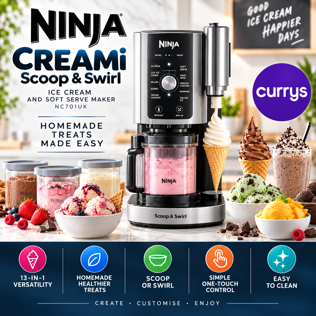 NINJA CREAMI SCOOP & SWIRL NC701UK 13-IN-1 ICE CREAM AND SOFT SERVE MAKER - SILVER - N634829W #1