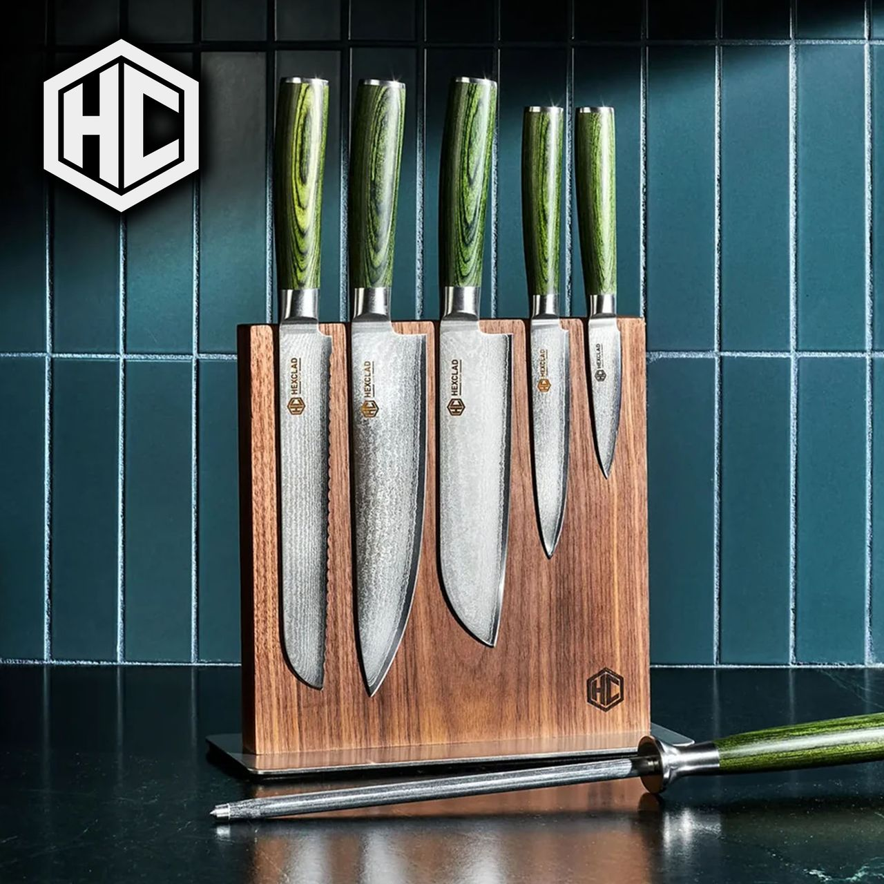 Hexclad 6 pc Japanese Damascus Steel Knife Set w/ Magnetic Knife Block