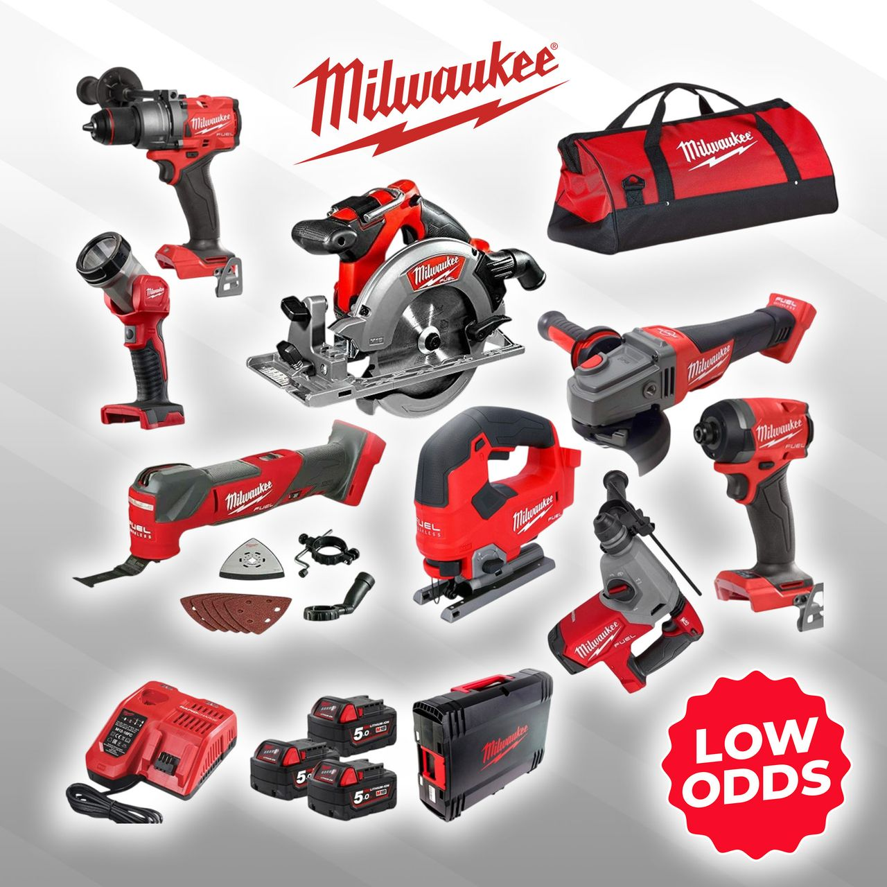 MILWAUKEE MILKIT8B POWER TOOL KIT 3 X 18V X 5AH REDLITHIUM BATTERIES 8PCE