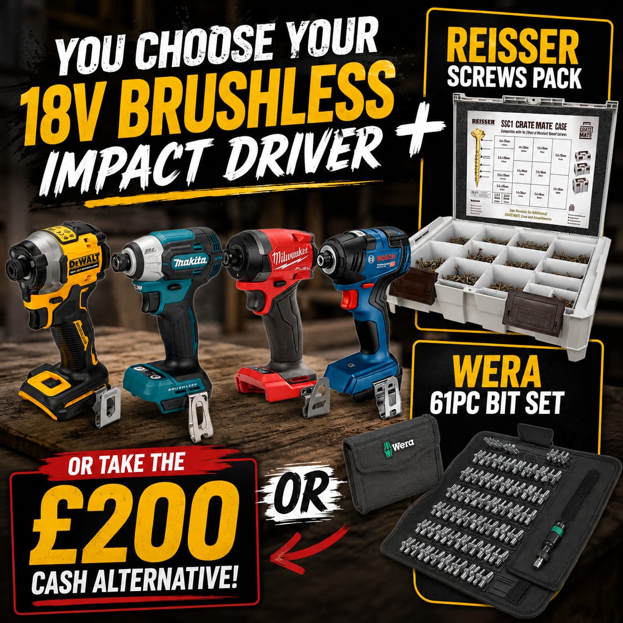18v Brushless Impact Driver, Reisser Screws & Wera Bit Set