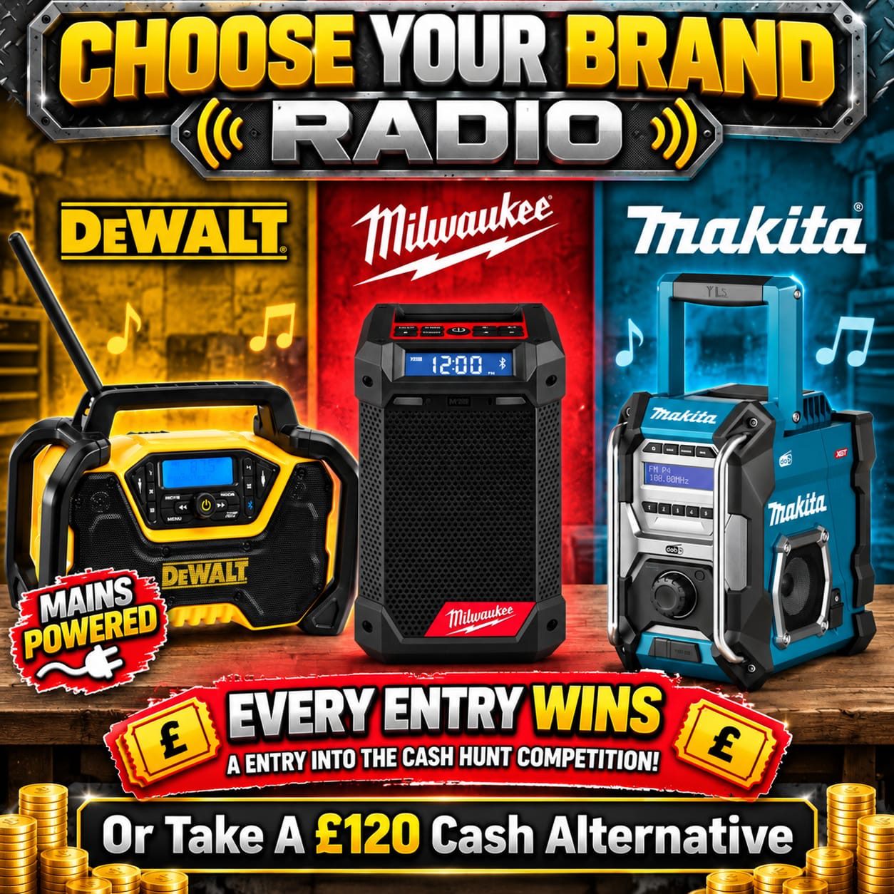 18v Job Site Radio – Choose Your Brand – All Mains Powered (+ Every Entry = 1 Entry Into The Cash Hunt Competition)