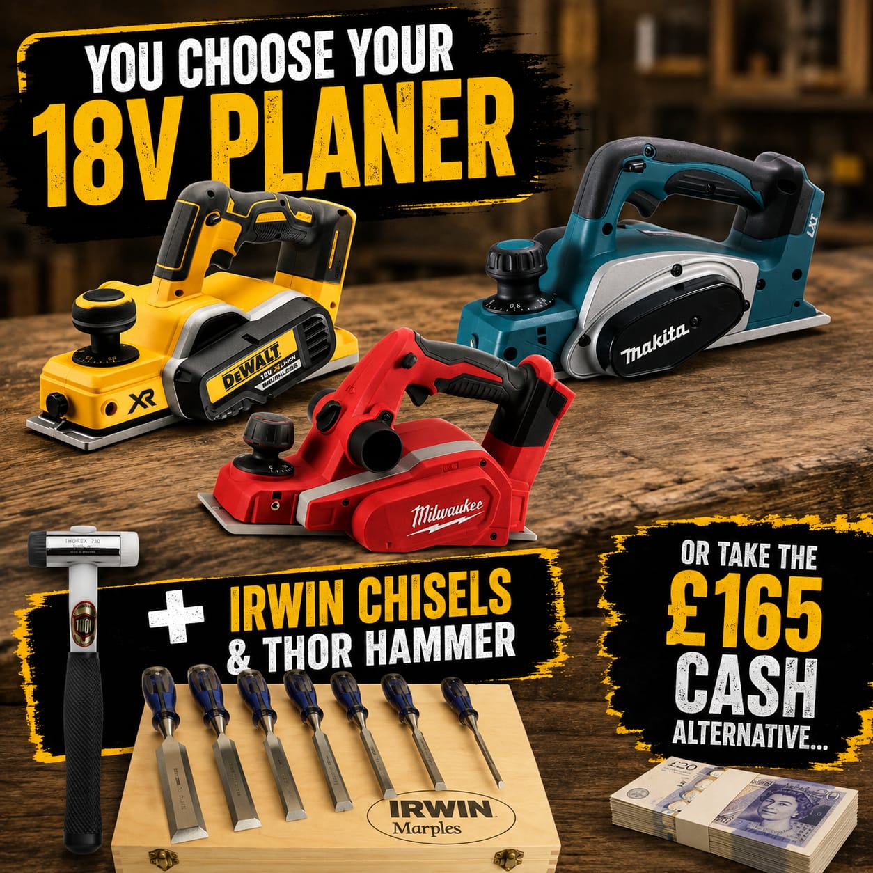 18v Planer, 6pc Chisels & 16oz Thor Hammer