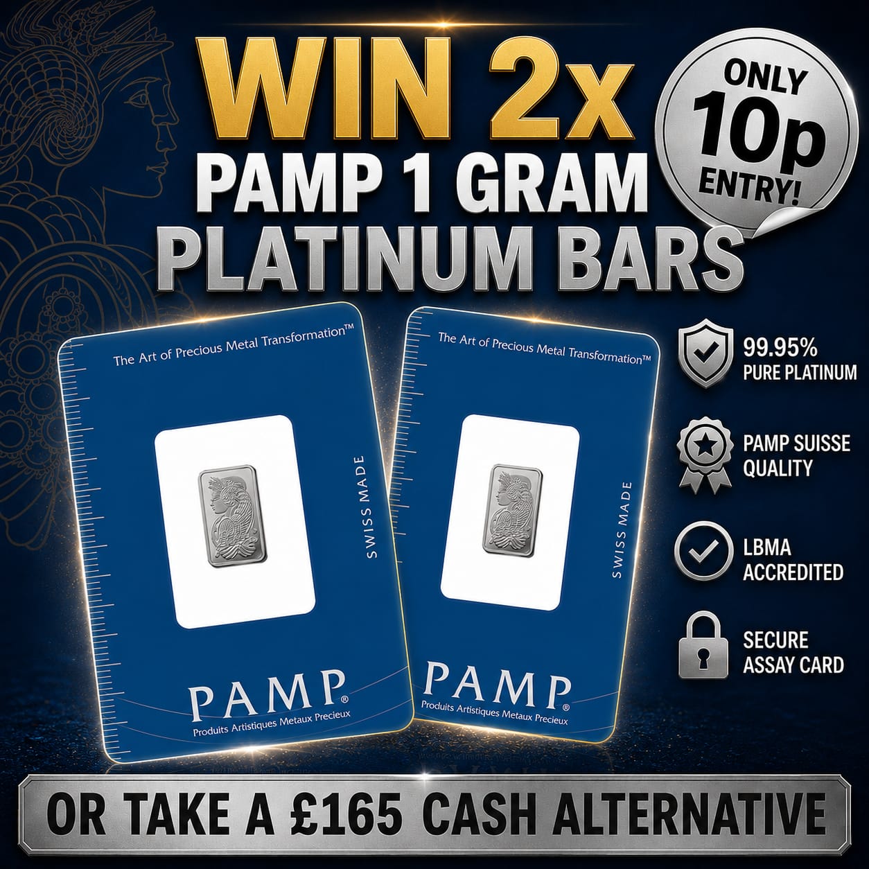 2 x 1g Platinum Bar PAMP Lady Fortuna Minted