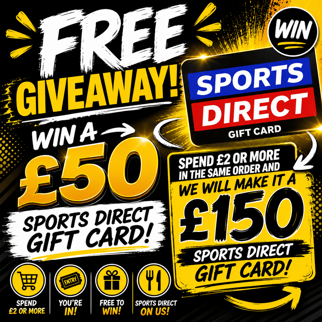 APP ONLY – FREE £50 Sports Direct Gift Card – Spend £2+ To Get £150 Gift Card Instead