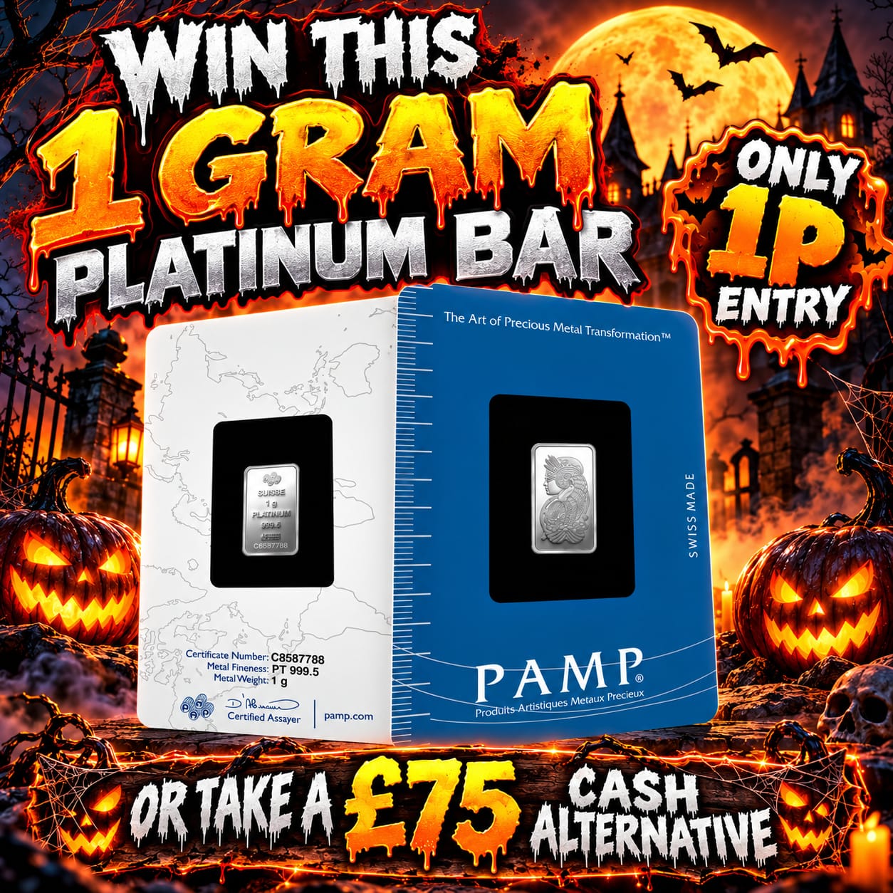 Auto Draw – 1g Platinum Bar PAMP Lady Fortuna Minted