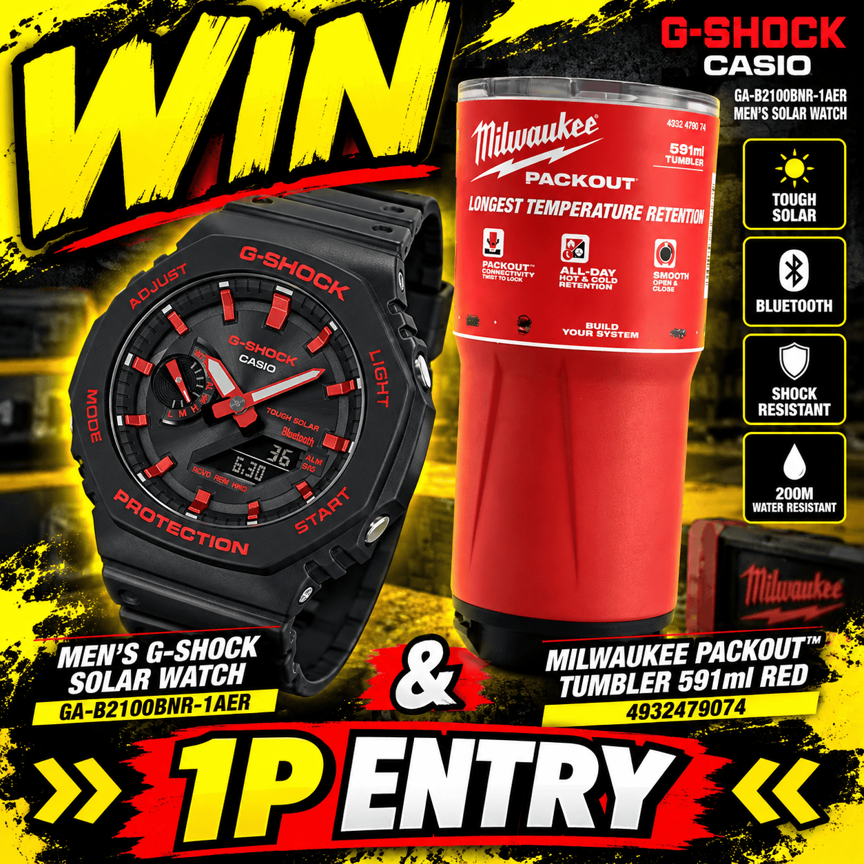 Auto Draw – Casio G-SHOCK Watch & Milwaukee PACKOUT Red Tumbler – 591ml
