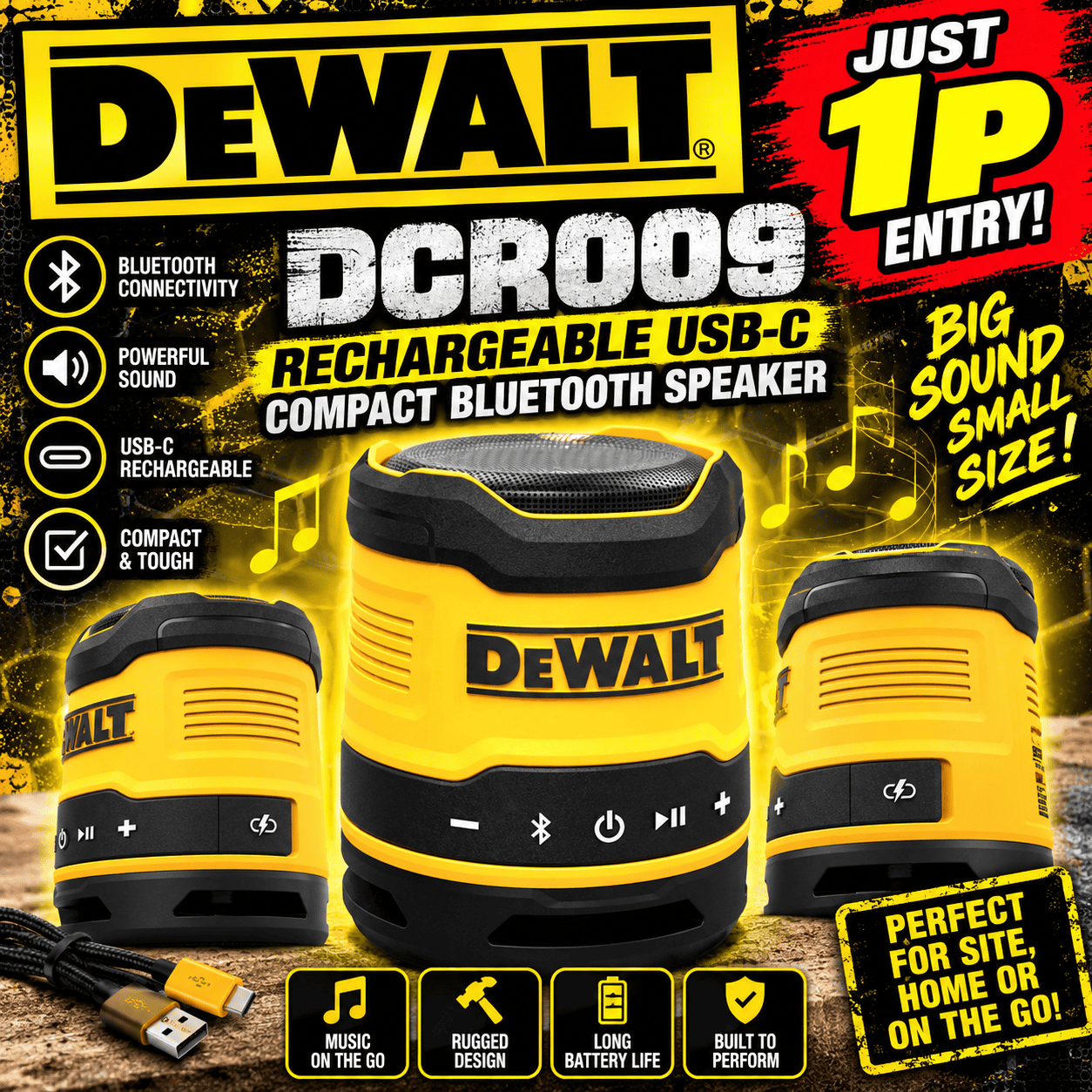 Auto Draw – Dewalt DCR009 Rechargeable USB-C Compact Bluetooth Speaker