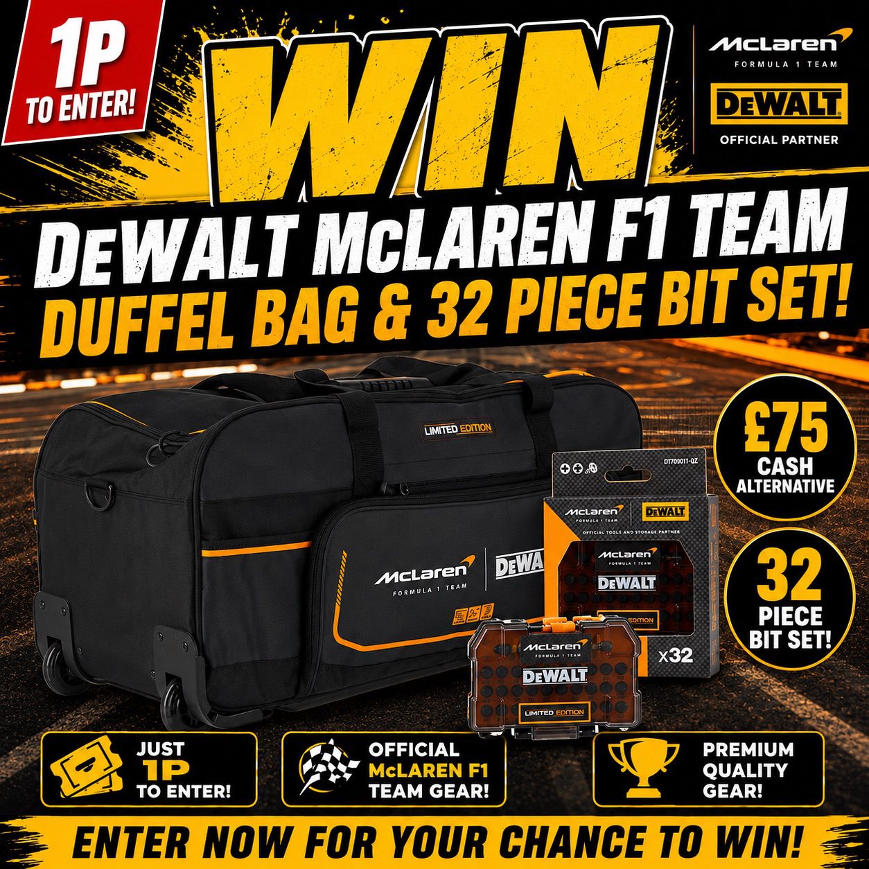 Auto Draw – Dewalt McLaren F1 Team Duffle Bag & 32pc Bit Set #2