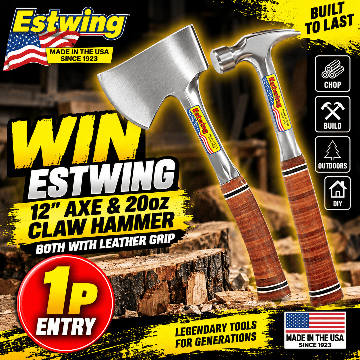 Auto Draw – Estwing 12″ Axe & 20oz Hammer Leather Grip Bundle