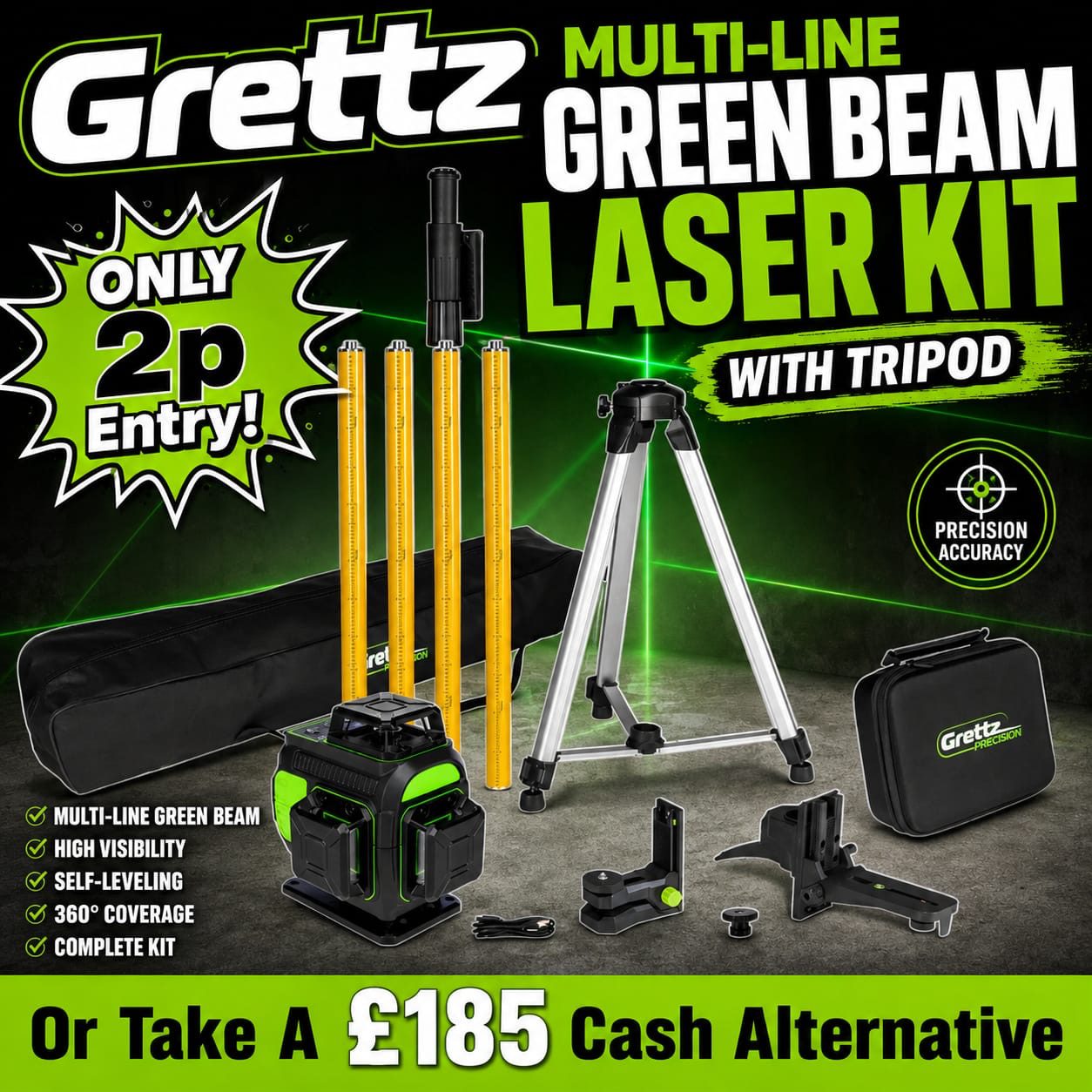 Auto Draw – Grettz G4D 4D Multi-line Green Beam Laser Kit with Tripod Pole
