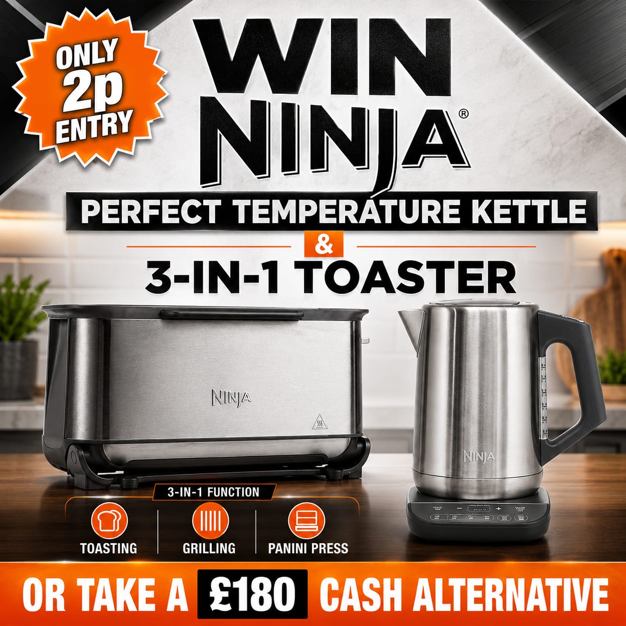 Auto Draw – Ninja Stainless Steel 3-In-1 Toaster & Kettle