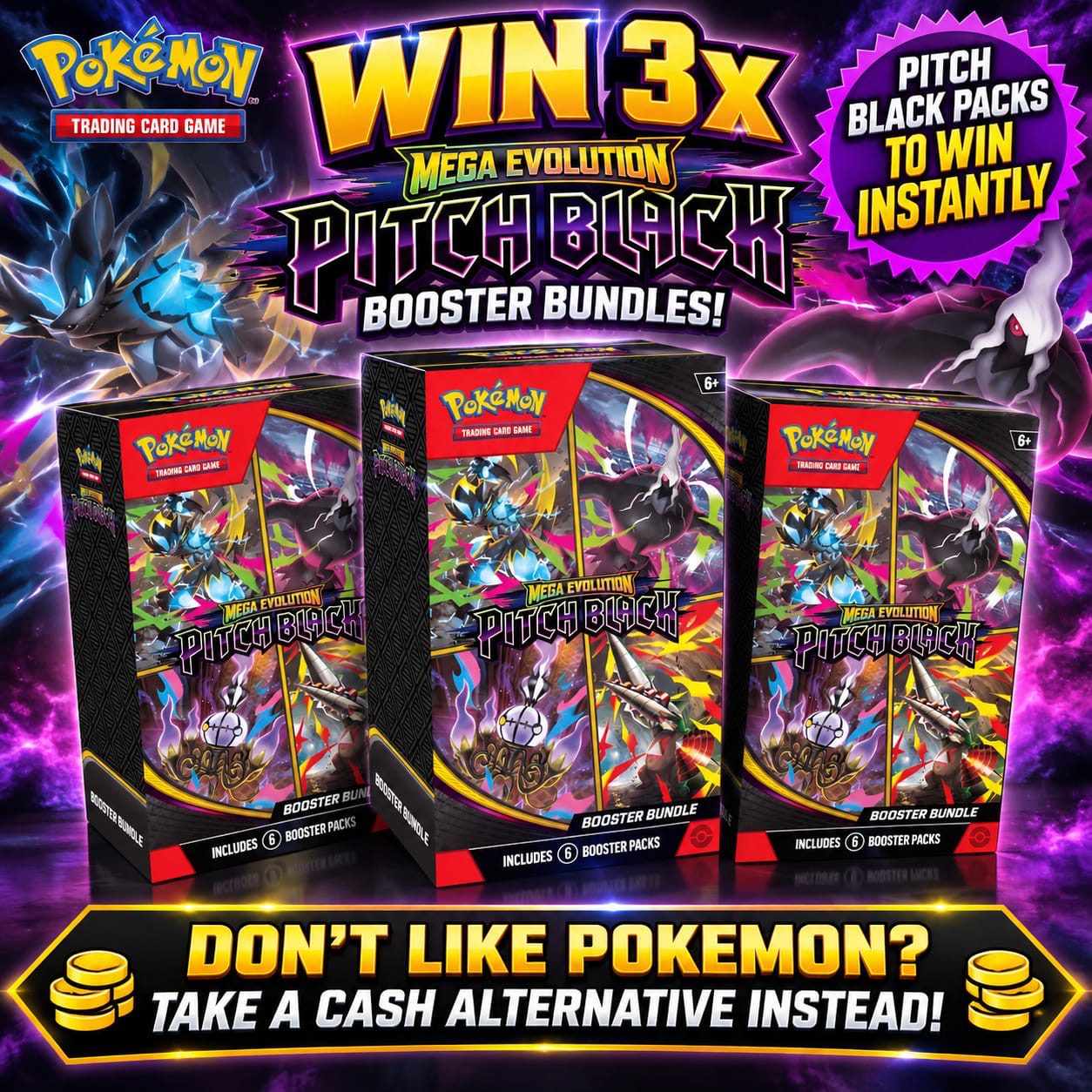 Auto Draw – Pokémon TCG: Mega Evolution Pitch Black – 3 x Booster Bundles (+ Instant Wins)
