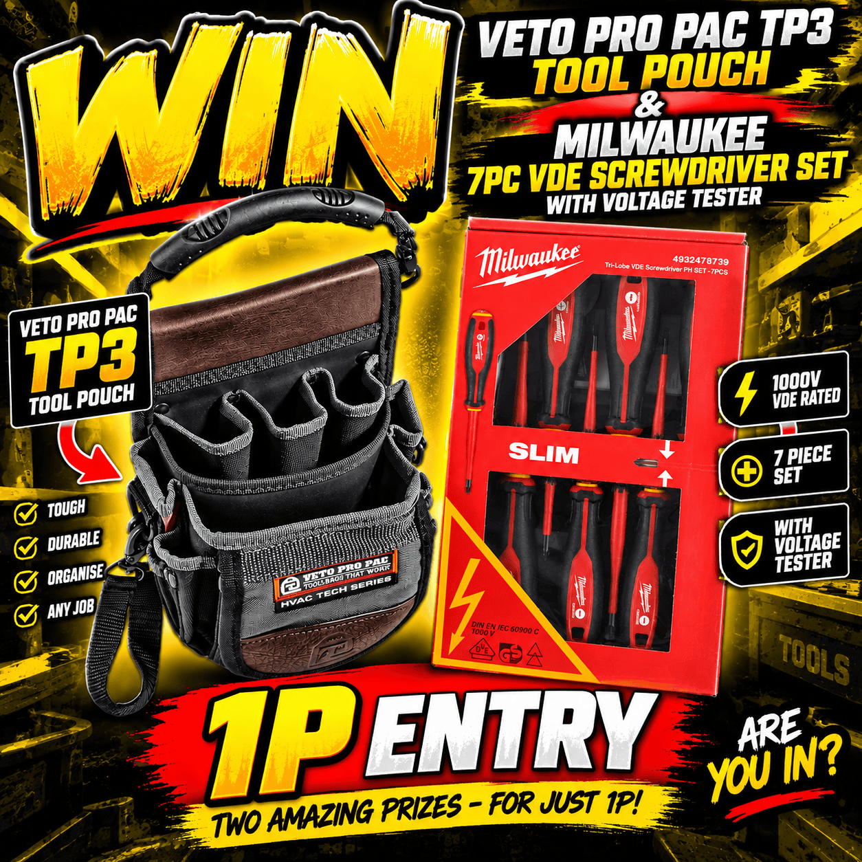 Auto Draw – Veto Pro Pac TP3 Tool Pouch & Milwaukee 7 Piece TRI-LOBE VDE SL/PH Screwdriver Set with Voltage Tester