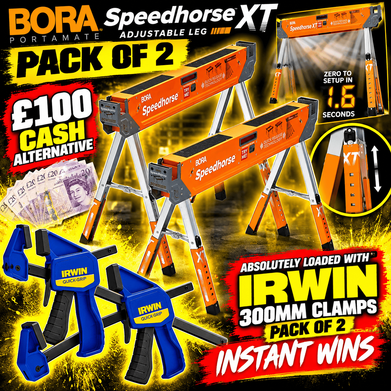 Bora PM-4550T SpeedHorse XT Adjustable Leg Saw Horses – Pack of 2 (+ Irwin Mini Bar Clamp Twin Pack 300mm Instant Wins)
