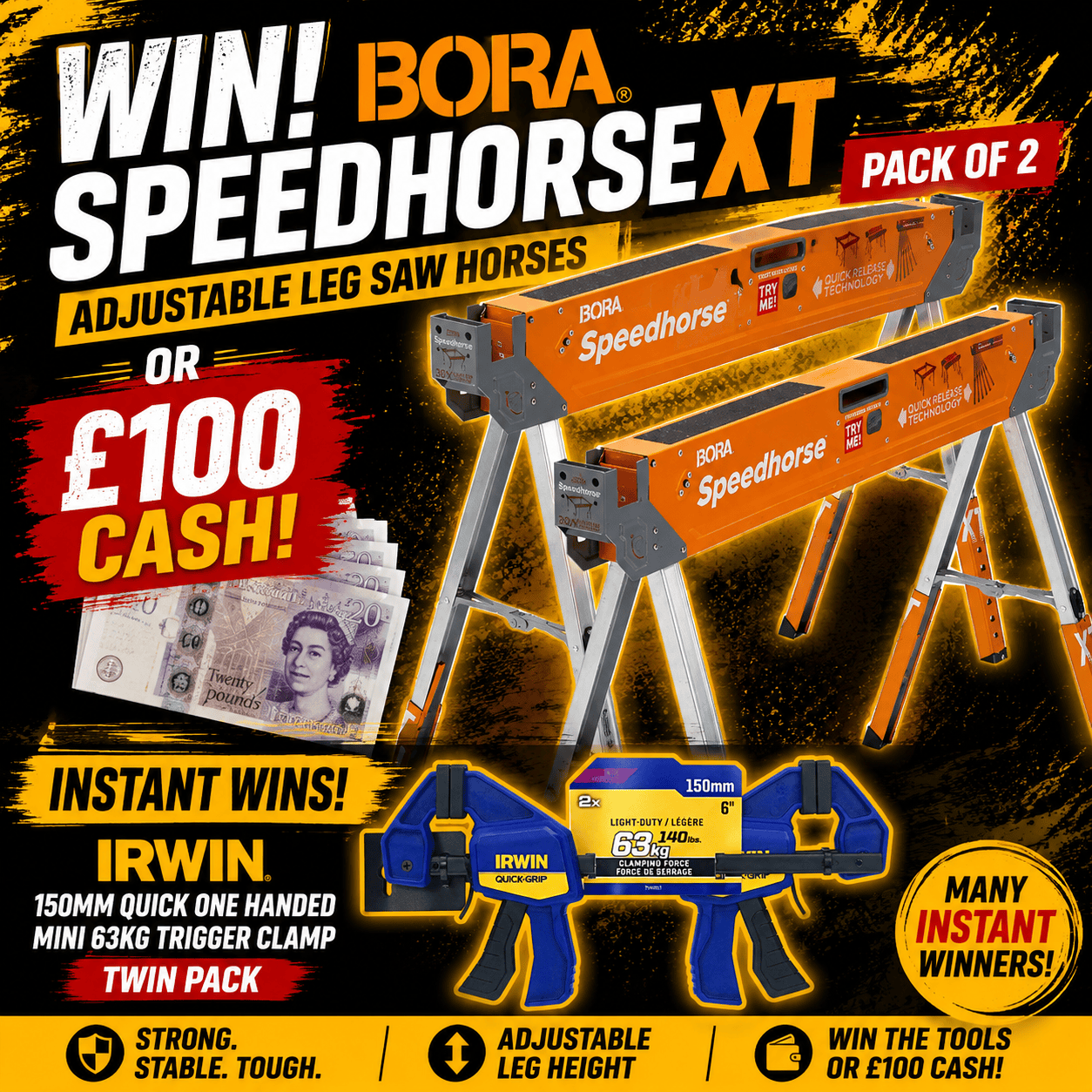 Bora PM-4550T SpeedHorse XT Adjustable Leg Saw Horses – Pack of 2 (+ Irwin Quick-Grip Mini One Handed Clamp Twin Pack 15