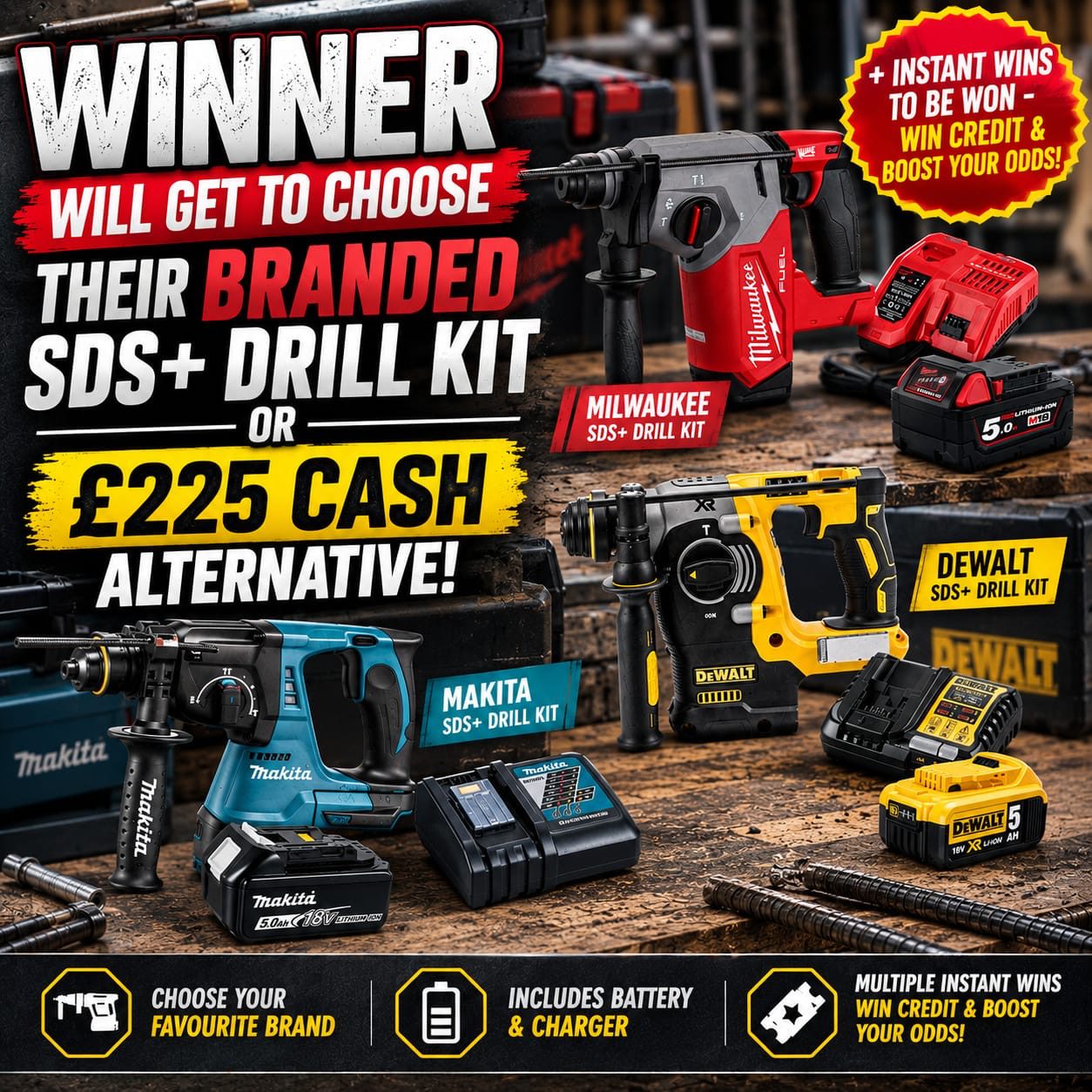 Choose Your Branded SDS+ Hammer Drill Kit – Battery & Charger Included (+ Instant Wins)