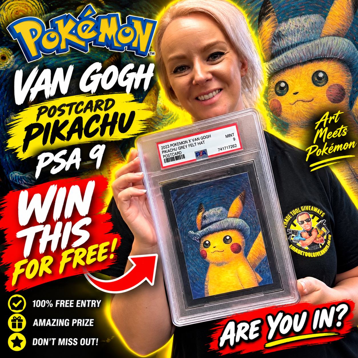 FREE 2023 Pokemon X Van Gogh Postcard Pikachu With Grey Felt Hat PSA 9 Mint Pokemon Center