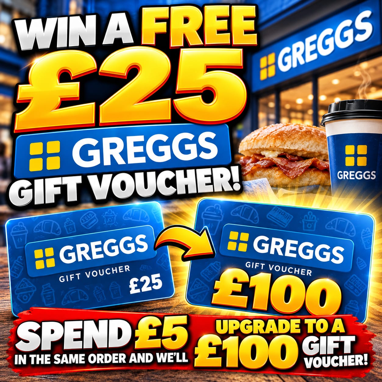 FREE TO ENTER – £25 Greggs Voucher | Spend £5+ To Upgrade To A £100 Greggs Voucher!!!