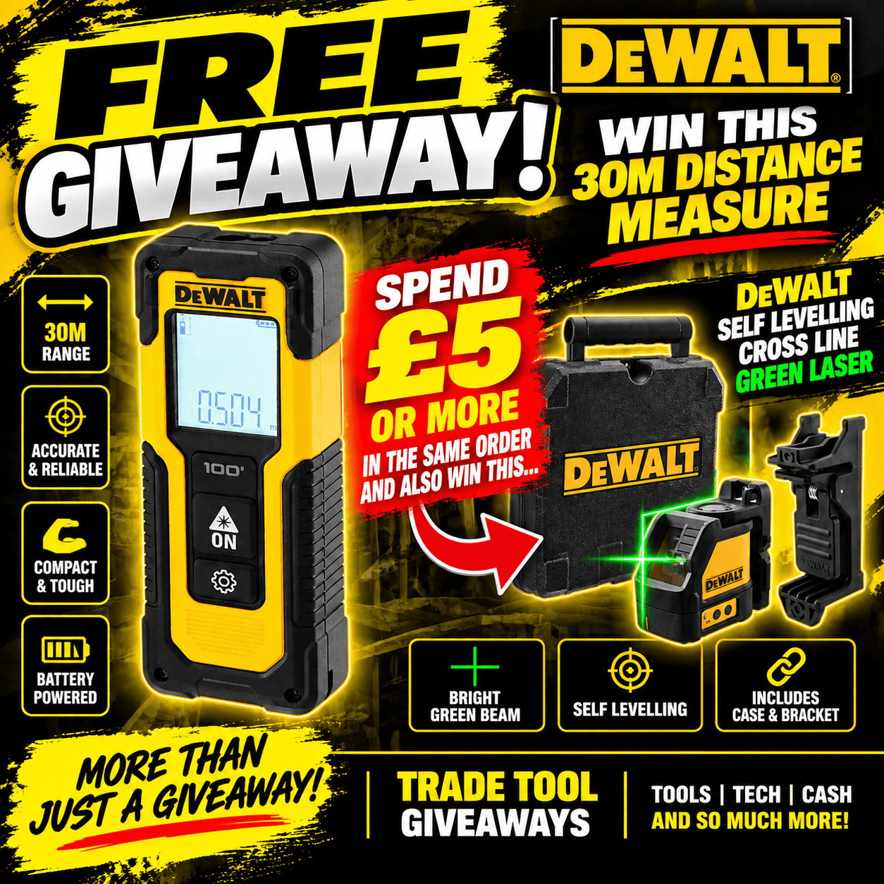 FREE TO ENTER – Dewalt 30m Distance Measure | Spend £5+ To Win Both!!!