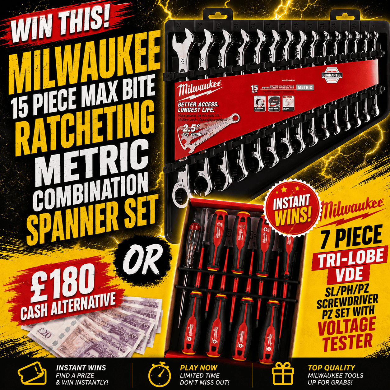 Milwaukee 15 Piece MAX BITE Ratcheting Metric Combination Spanner Set (+ Milwaukee 7 Piece TRI-LOBE VDE SL/PH/PZ Screwdr
