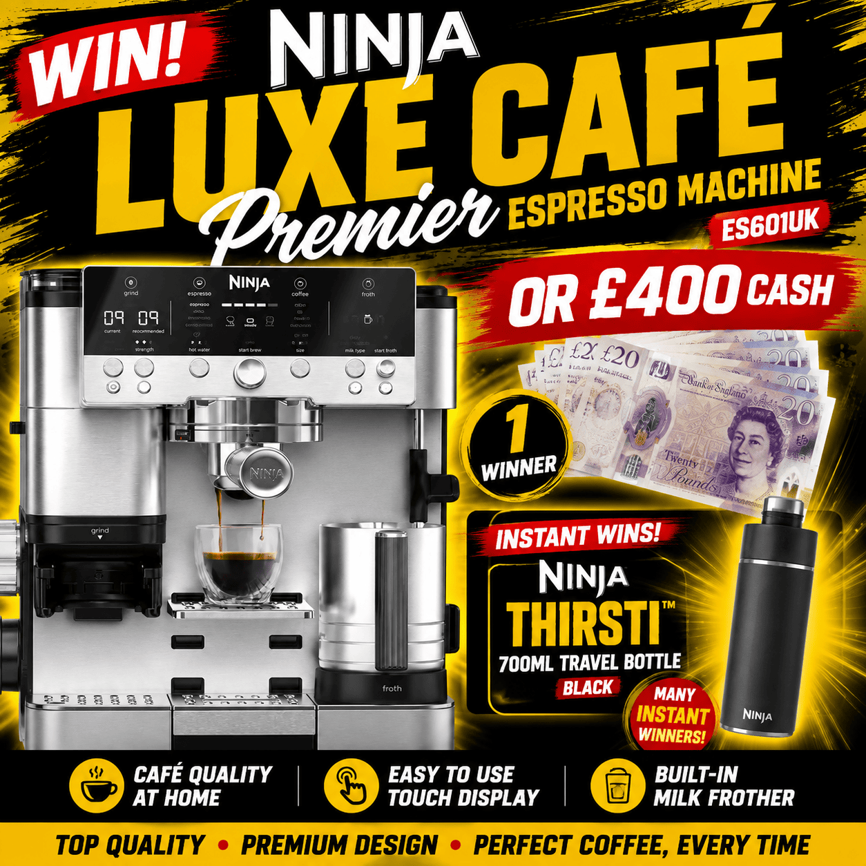 Ninja Luxe Café Premier Espresso Machine ES601UK (+ Ninja Thirsti 700 ml Travel Bottle – Black Instant Wins)
