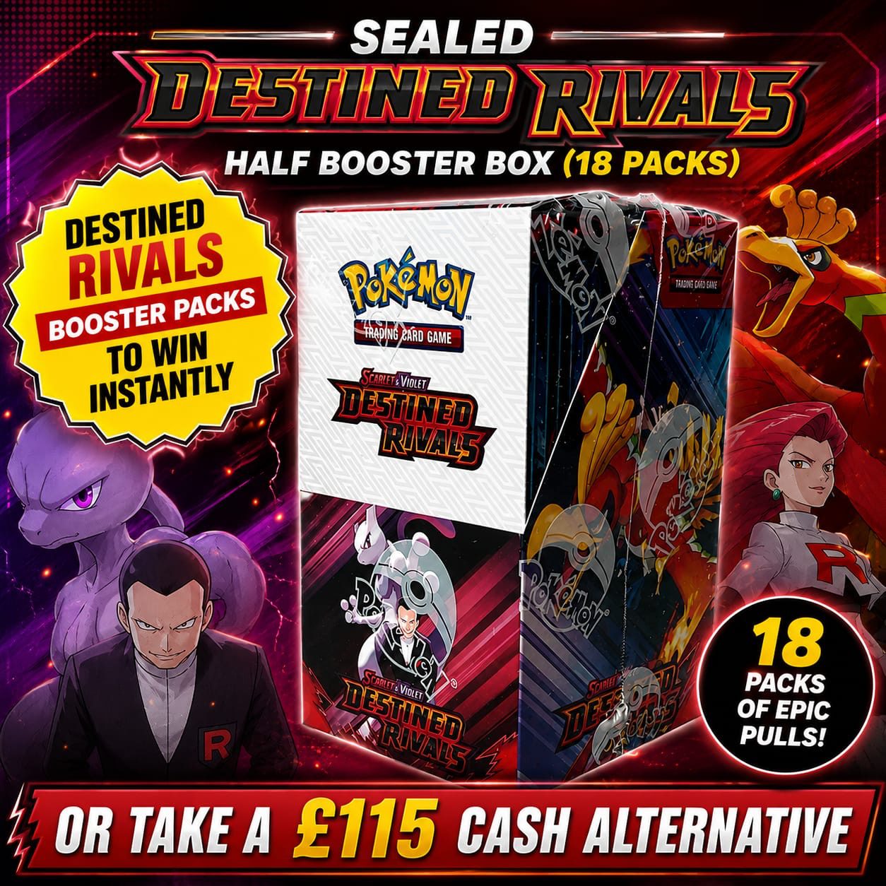 Pokémon TCG: Destined Rivals Half Booster Box – Sealed 18 Packs (+ Instant Wins)