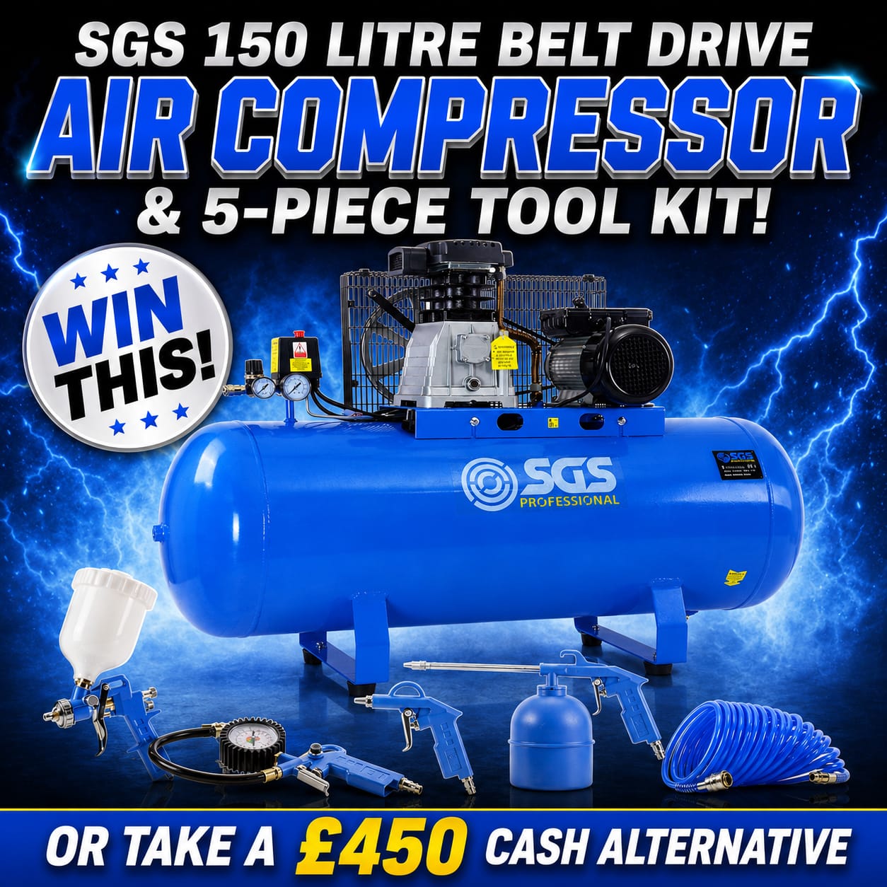 SGS Pro 150 Litre Belt Drive Air Compressor & 5pc Tool Kit