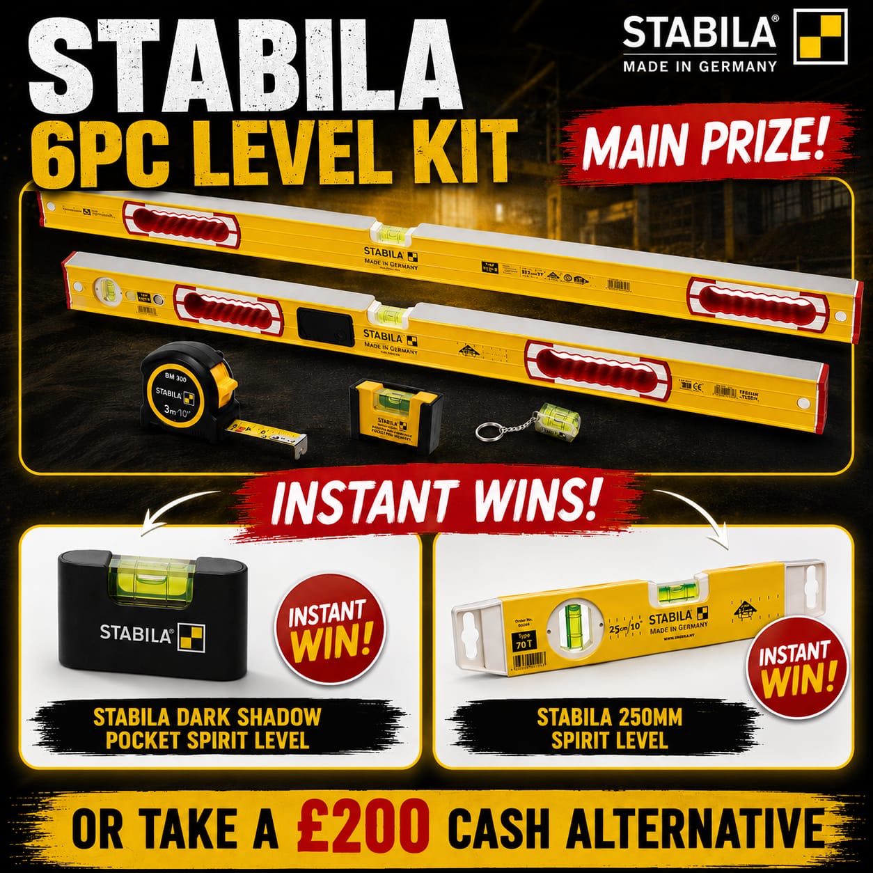 Stabila 6 Piece Type 196-2 Spirit Level Set with Tape Measure (+ Instant Wins)