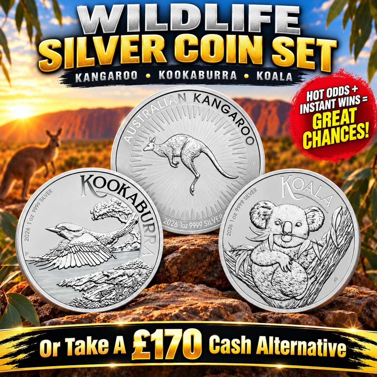 Win All 3 – 1oz Silver Wildlife Coins (+ Silver Coins Instant Wins)